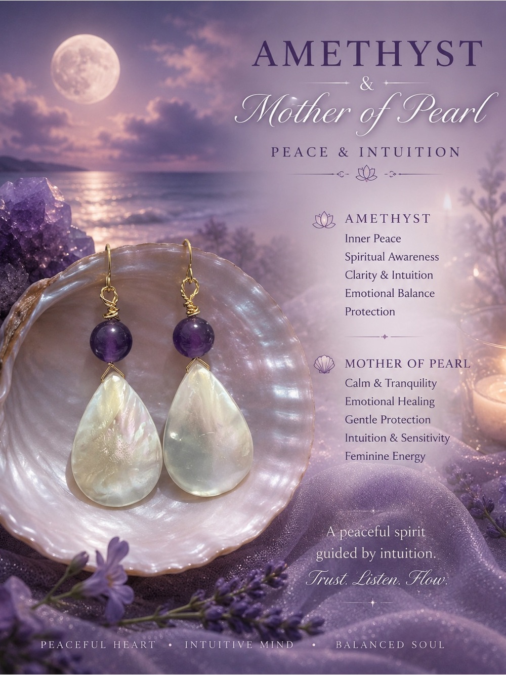 Amethyst & Mother of Pearl Teardrop Dangle Earrings - Purple and White